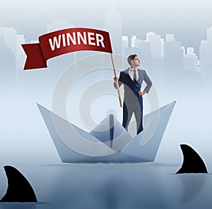 Businessman riding paper boat ship in winning concept