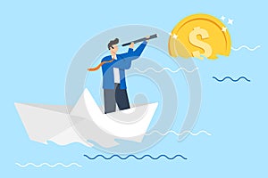 Businessman riding paper boat spotting distant gold coin with telescope in flat design