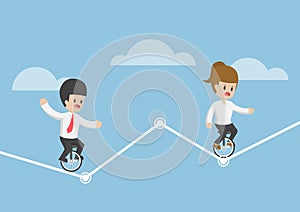 Businessman riding a unicycle and trying to balance on a graph