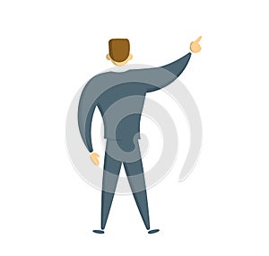 Businessman with right hand up, back view. Flat vector illustration. Isolated on white background.