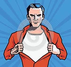 Businessman rips his shirt. Super strong man vector illustration in style comic pop art