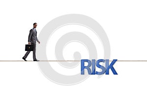 The businessman in risk concept walking on tight rope