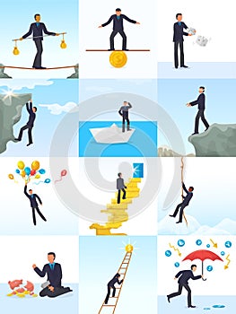 Businessman risk vector man in risky or dangerous business start up challenge illustration set of finance manager photo