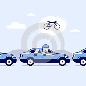 Businessman on the road with traffic jam, Thought to work by bike better. Cartoon character thin line style vector.
