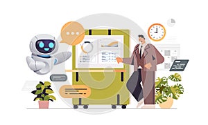 businessman with robot analyzing financial statistics data in office artificial intelligence technology concept