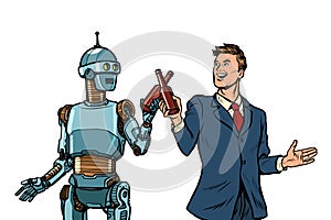 Businessman and robot cheers beer bottles. technological development concept. it industry