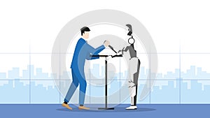 A businessman and a robot fight arm wrestling in an office workplace. Conflict of human versus cyborg