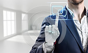 Businessman with robot hand touches virtual icon. 3d rendering.