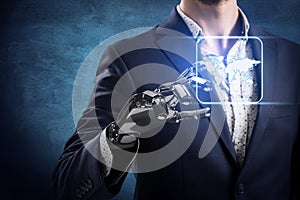 Businessman with robot hand touches world map icon.