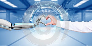 Businessman Robot Hands Heart Connection HUD Network