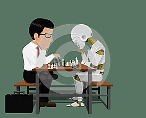 Businessman and robot are playing chess