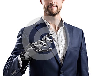 Businessman with robotic hand. Prosthesis concept. 3d rendering