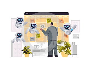 businessman with robots assistants planning day scheduling appointment agenda meeting plan time management