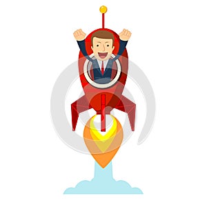 Businessman in a rocket. Business Start up concept.