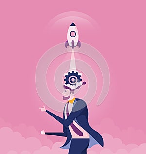 Businessman with rocket ship launching from his head