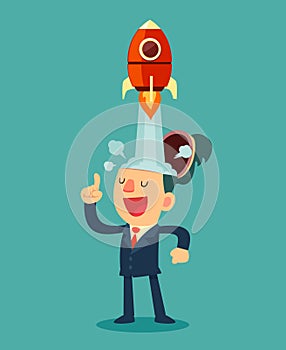Businessman with rocket ship launching from his head