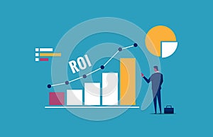 Businessman with ROI graphs, profit and revenue increase, gain more income vector illustration