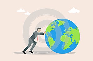 Businessman rolling the planet, business concept, vector illustration