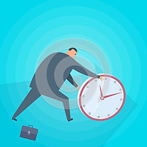 Businessman rolls a clock. Time management concept flat vector i