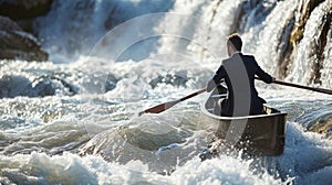 Businessman in a rowing boat with oars on top of a waterfall.