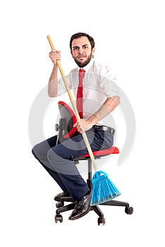 Businessman rowing with a broom