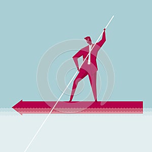 Businessman rowing. The ship is an arrow symbol.