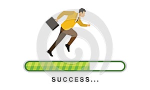 Businessman Run On Green Progress Loading Bar With Success Text Vector Illustration