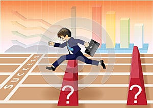 Businessman run and jump over obstacles to success line