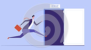 Businessman run to open exit door. Emergency escape and evacuation from office vector business concept