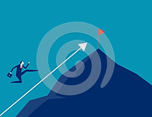 Businessman run to the top of the mountain following the direction of the arrow