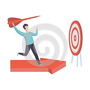 Businessman Running Along Red Arrow Graph to Achieve Target, Man with Red Dart, Achievement of Goal Vector Illustration