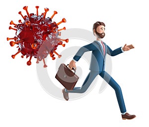 Businessman running away from the huge coronavirus bacteria. 3D illustration of cute cartoon panic man isolated on white