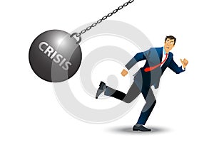 A businessman running away from a large iron ball with a word CRISIS swinging on a chain. crisis return. Financial trouble