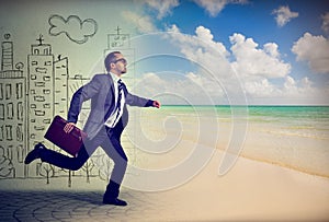 Businessman running away from a life in a city to the sunny beach