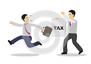 Businessman running away from person with a tax paying paper. Business concept of escape or debt