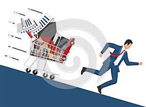 Businessman Running Away from Shopping Cart