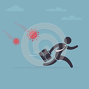 Businessman is running away from the virus. Coronavirus crisis, covid-19 pandemic concept. Modern vector illustration