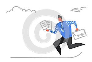 Businessman running with briefcase paper documents business meeting hardworking deadline concept busy male office worker