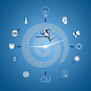 Businessman running on business time with icons and elements concept. Time pressure, stress, overworked and deadline concept.