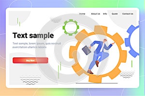 businessman running in cogwheel business process successful project creation concept horizontal