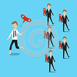 Businessman running different way with others and throw away the