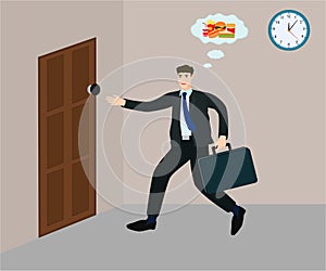 Businessman running exit office for to eat fast food