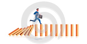 Businessman running on falling dominos problem solving domino effect crisis management chain reaction finance