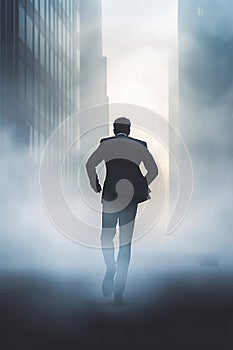 businessman running fast in a post apocalyptic fantasy urban city street with tall buildings on both sides.