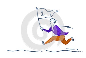 Businessman running first place flag team leader concept man colored silhouette full length horizontal sketch doodle