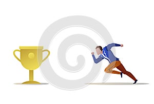 Businessman running forward winner trophy cup golden prize concept man hurry up win first plase motivation leadership