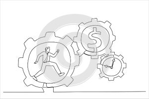 businessman running with full effort inside gear cogs. Effort and time resulted money concept. Single line art style