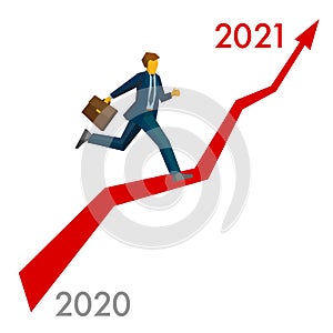 Businessman running grow up graph from 2020 to 2021 point