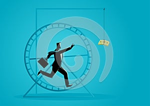 Businessman running in a hamster wheel chasing for money