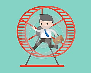 Businessman running in hamster wheel, vector illustration